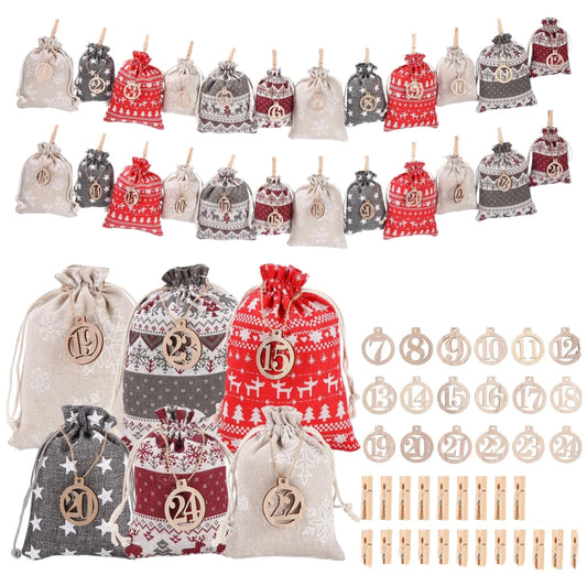 24Pcs DIY Christmas Advent Calendar Bags Wood Drawstring Gift Pouch Numbered Tags 24 Days Holiday Countdown Decor Zhejiang